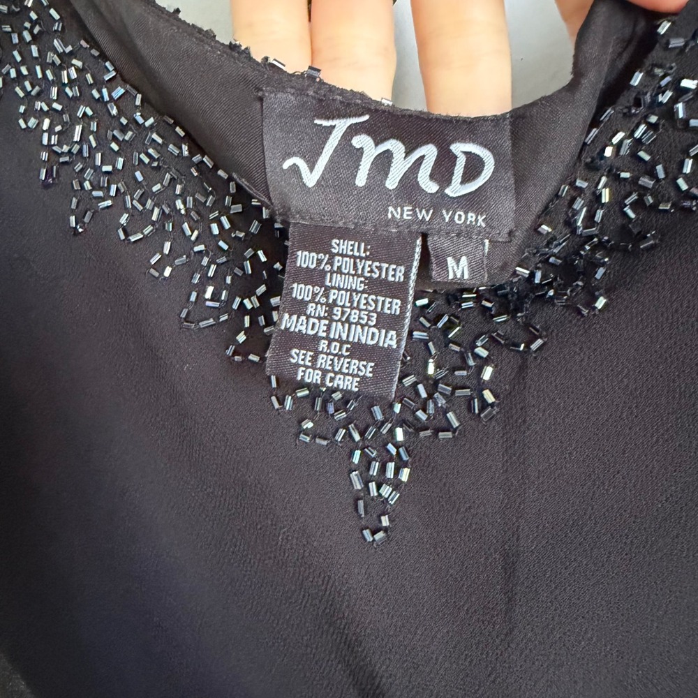 Vintage Y2K Black Beaded‎ Asymmetrical Handkerchief Hem Midi Cocktail Dress M - Picture 3 of 7